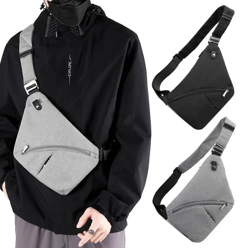 Men's grey oxford cloth shoulder chest bag with letter pattern, shown in left shoulder configuration