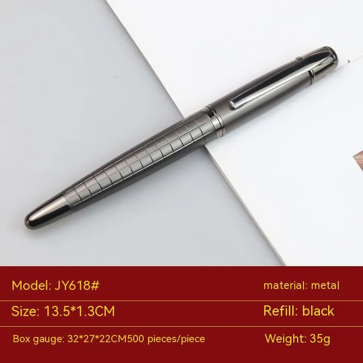 Gun grey metal rollerball pen for business signatures, shown next to a ruler indicating 13.5 cm length.