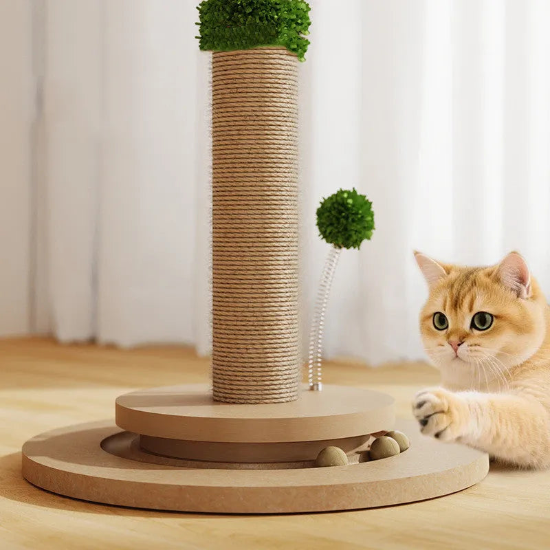 Vertical cat climbing frame with hemp rope scratch surface in Canna colour with chamfered columns.