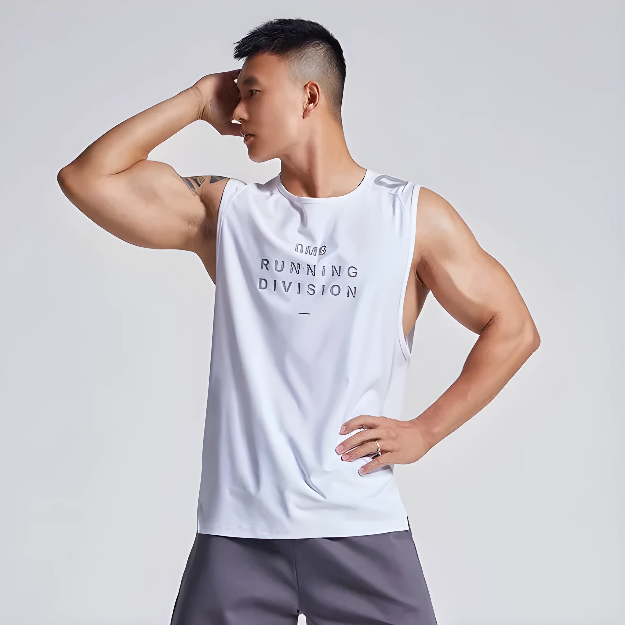Man's loose-fitting mesh sports vest in blue, shown from the front.