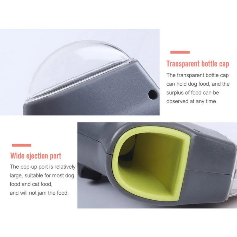 Grey pet snack catapult launcher for dogs and cats on a neutral background.