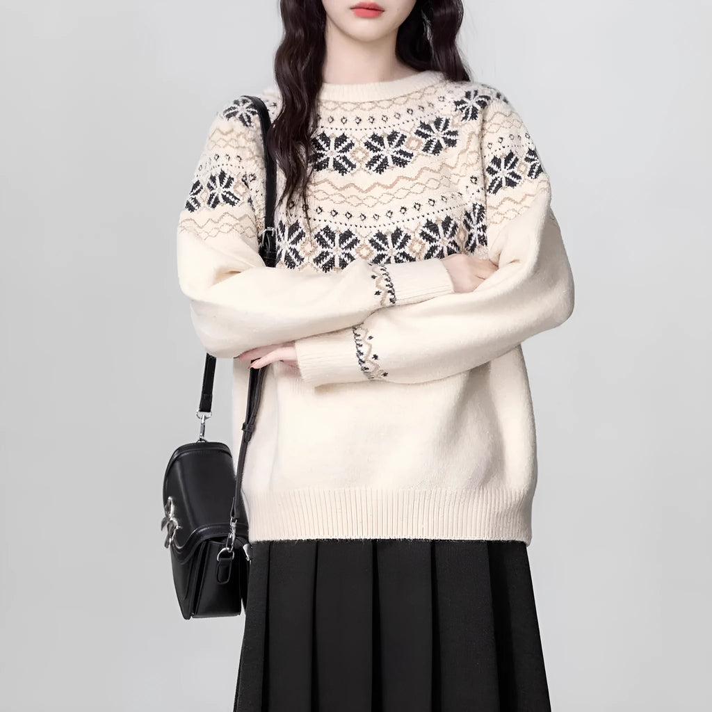 Women's Milky White vintage Fair Isle geometric pattern pullover sweater with long sleeves and crew neck.