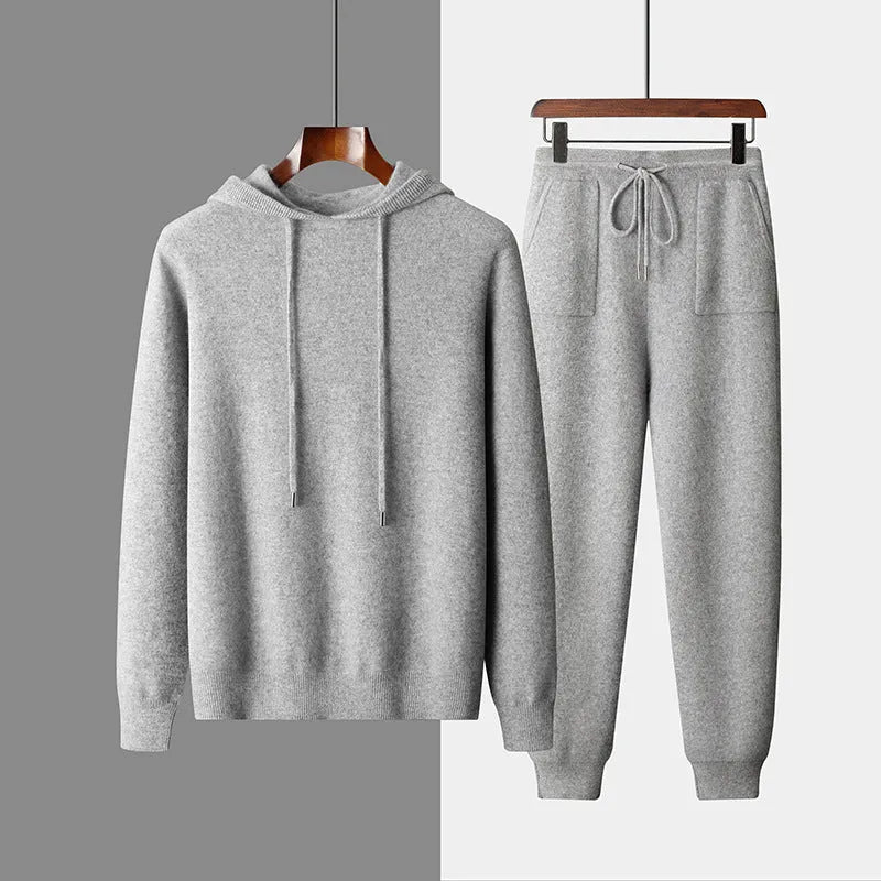 Men's light grey cashmere hooded sweatshirt and matching trousers set for winter leisurewear