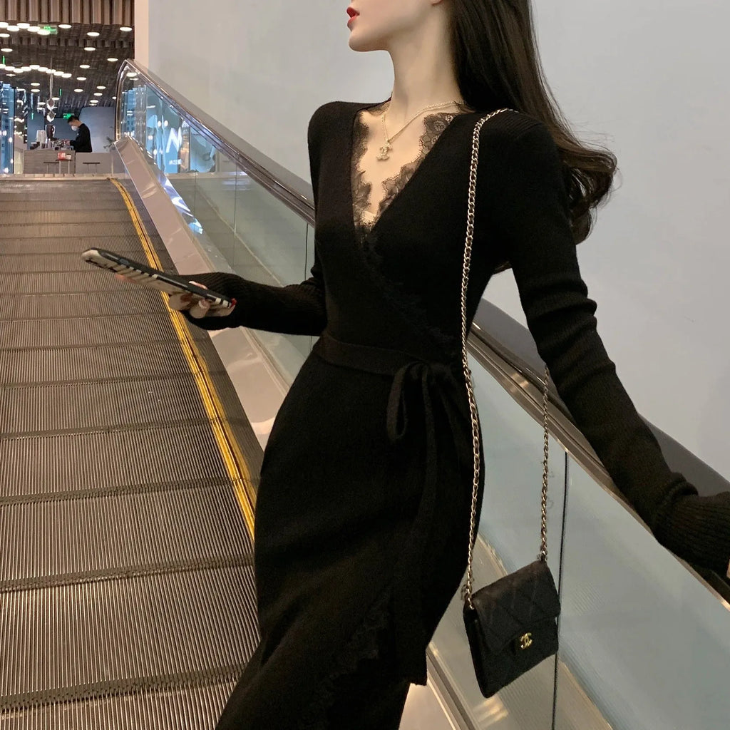 Women's slim fit black woolen skirt with princess dress cut