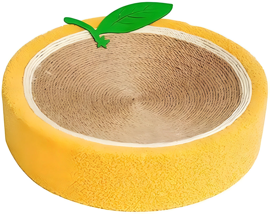Yellow fruit design round cat scratching board with sisal surface and sleeping area