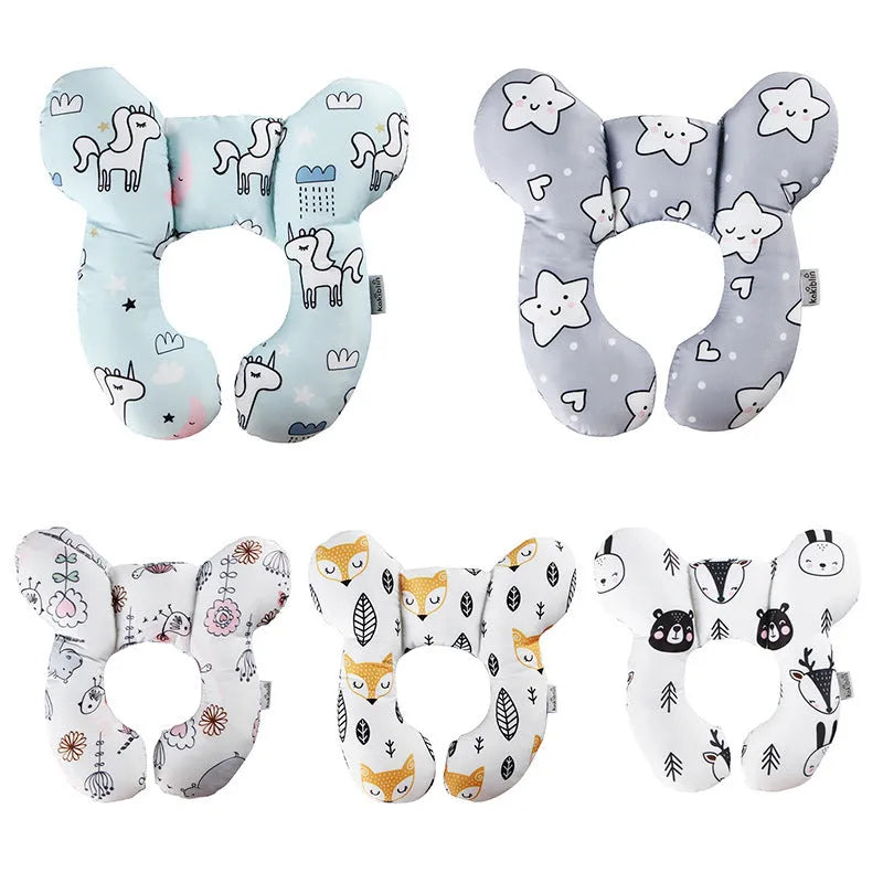 Baby U-shape pillow with cartoon fox pattern on a white background, size 25x23cm, PP cotton filling for neck support