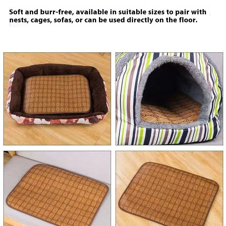 Brown rattan fibre dog cooling mat shown in various sizes