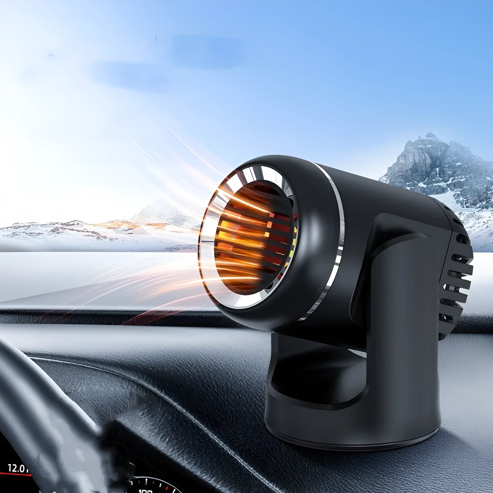 Black and white 12v car heater defroster with cold warm settings and 1.5m power cord