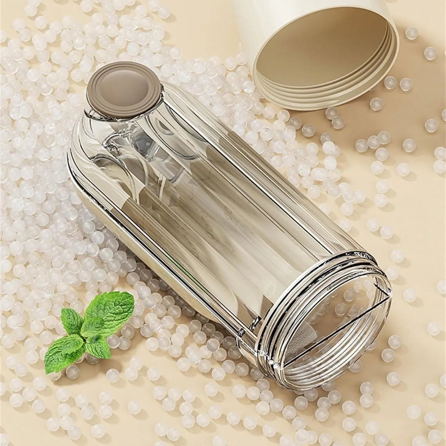Beige foldable dog water bottle with food container for walking and outdoor travel