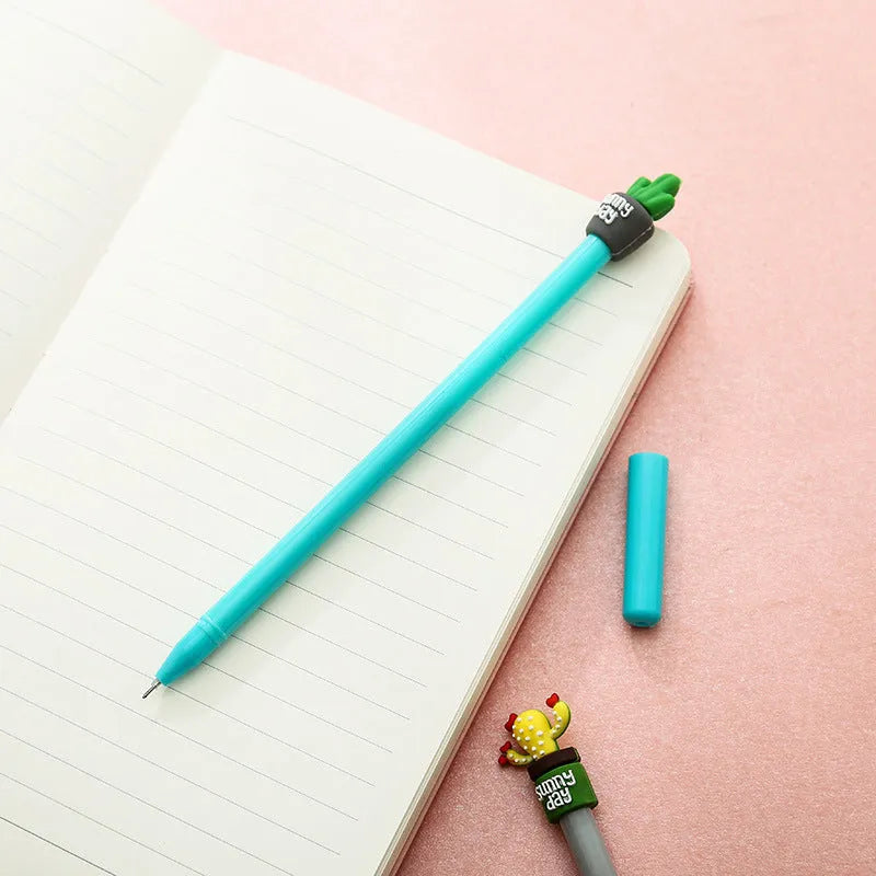 Potted cactus gel pen in green silicone with fine 0.5mm tip, 18.5cm length, on desk