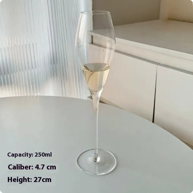 Clear crystal champagne glasses set showing seven different design styles including flute and goblet shapes