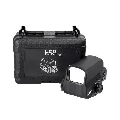 Black LCO tactical red dot sight with integrated 20mm rail mount for rifle scope.