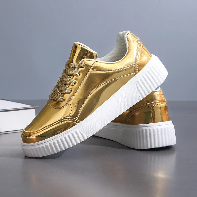 Unisex rose gold sequin platform sneakers with thick sole and round toe.
