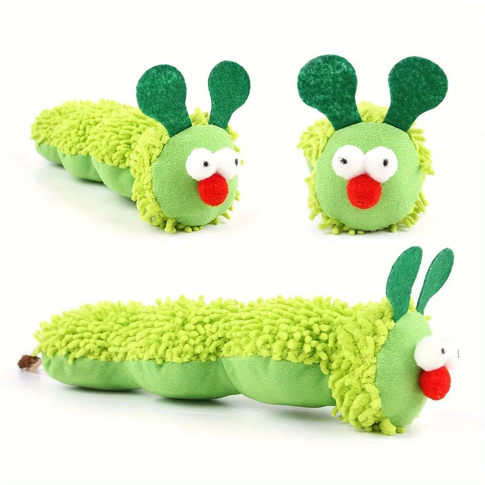 Green interactive plush cat toy pillow measuring 24x11x5cm on a floor