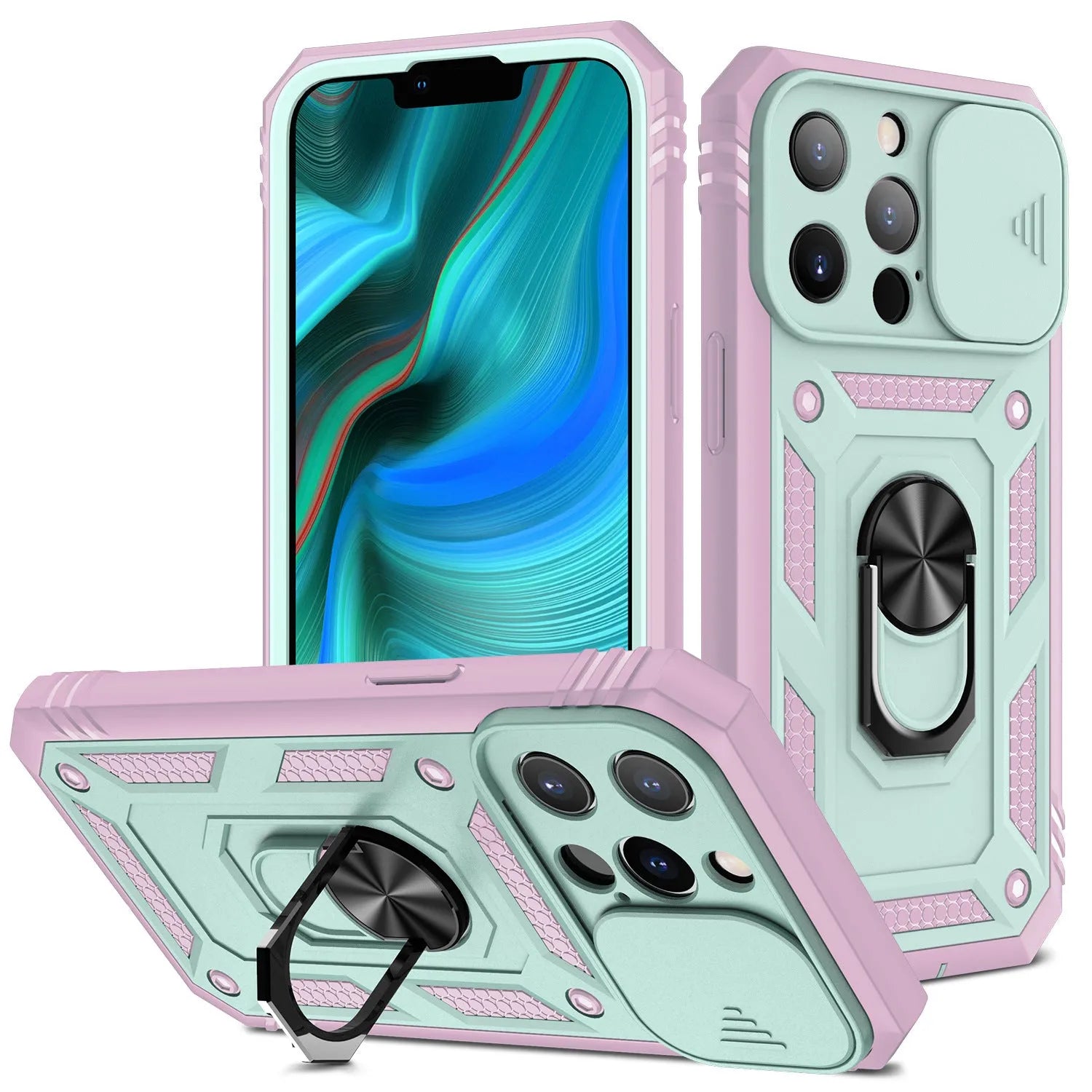 Magnetic iPhone case with sliding bracket for iPhone 12 and 13 in two-tone colour options