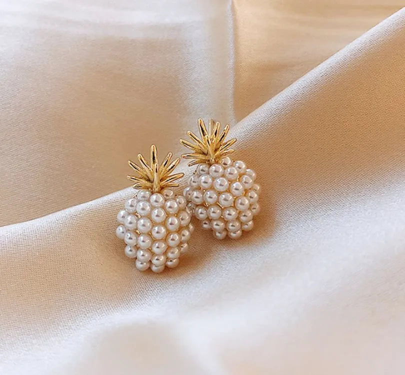 Korean-style alloy fruit earrings with inlaid stones in gold, pearl flower, silver, or starfish pearl finishes.