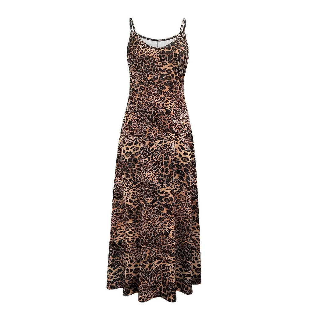 Dark brown leopard print sleeveless dress with milk silk fabric and hip skirt silhouette