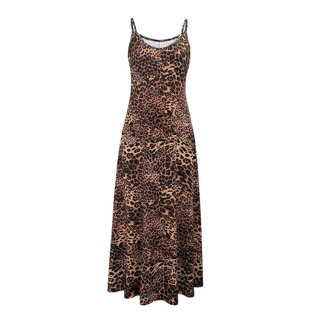 Dark brown leopard print sleeveless dress with milk silk fabric and hip skirt silhouette