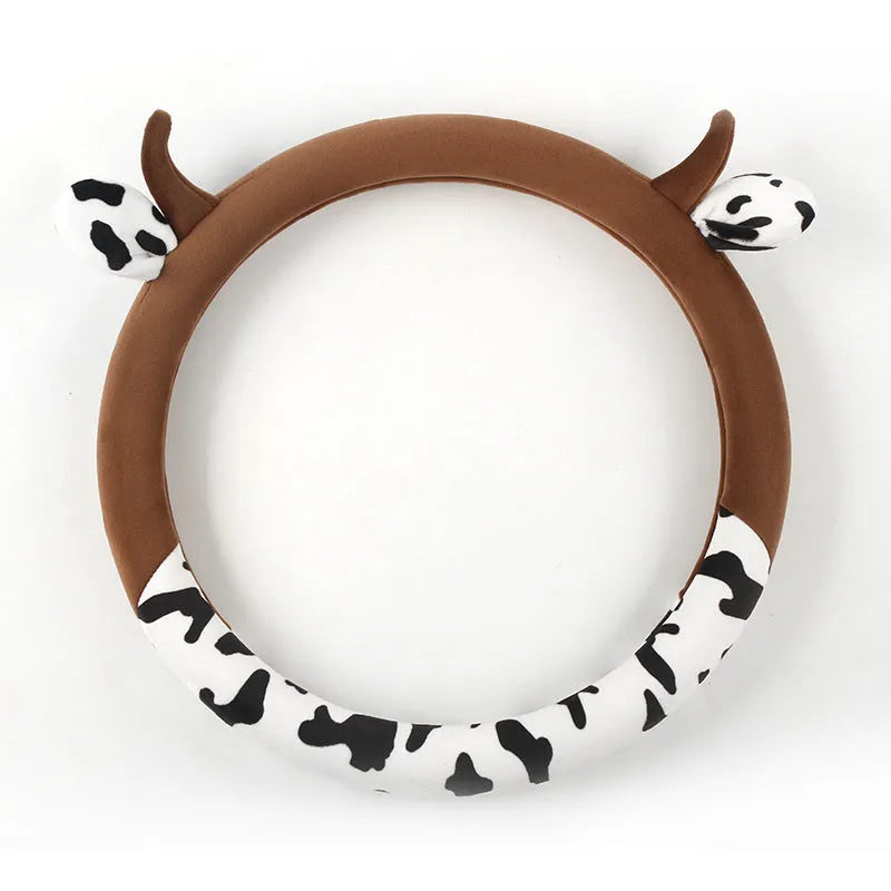 Short plush car steering wheel cover with protective handle in black colour showing 38cm diameter measurement