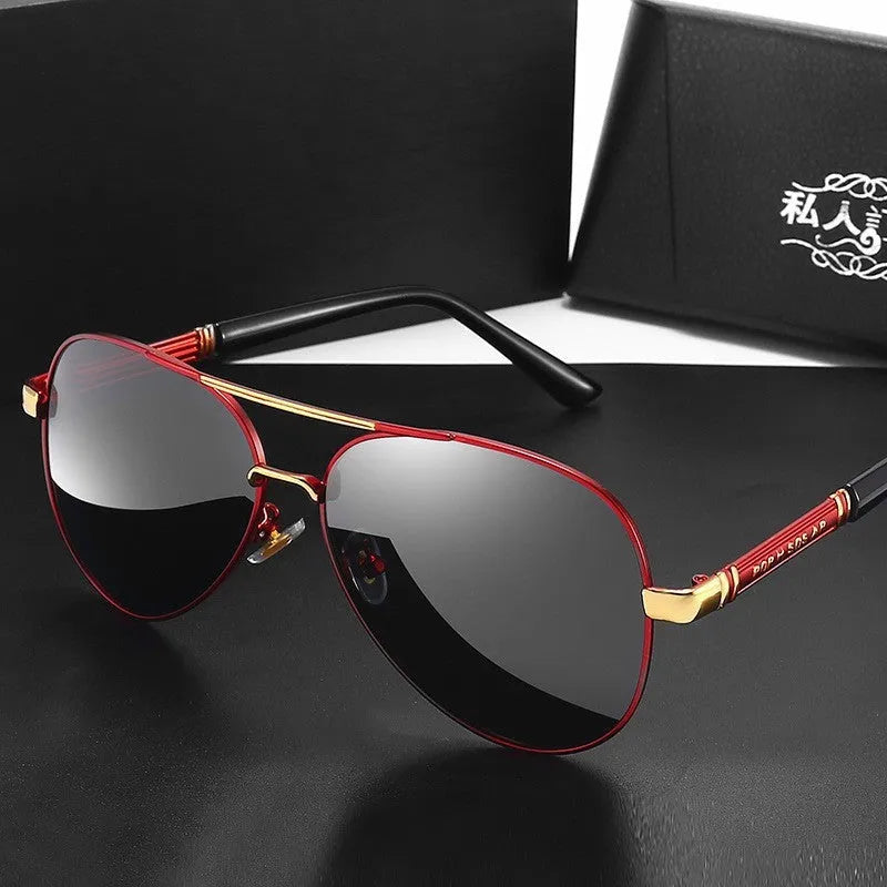 Men's metal frame polarised sunglasses in gold, black, or silver with decorative dragon and phoenix details.