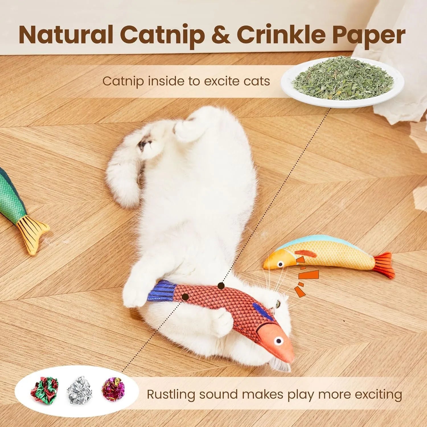 Soft plush fish-shaped cat toy with organic catnip filling in green, orange and yellow colour options
