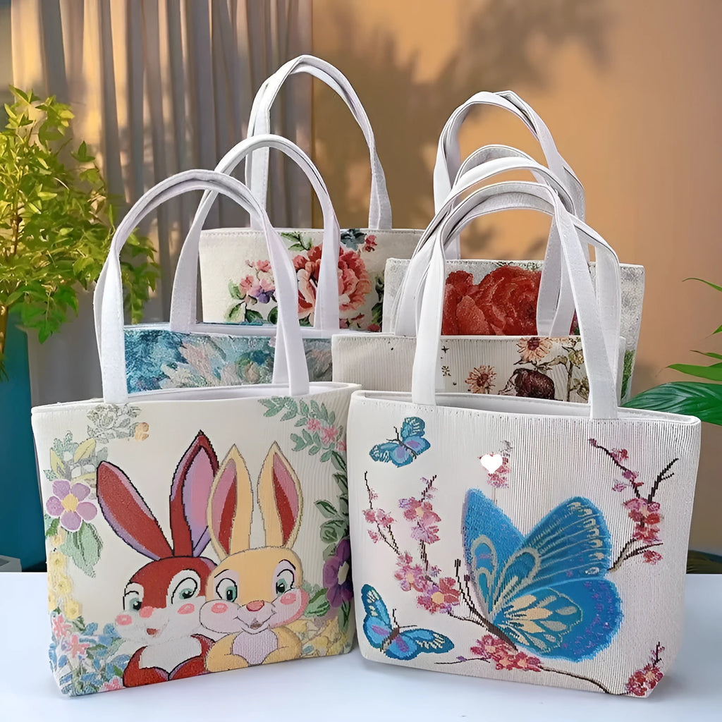 Double-sided gold wire embroidery canvas handheld bag showing decorative detailing
