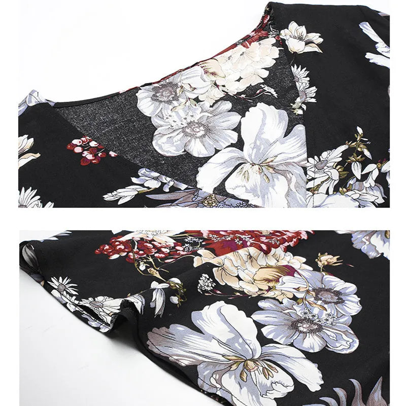 Women's floral print summer dress with V neck and elastic waist in yellow, black, and blue colours