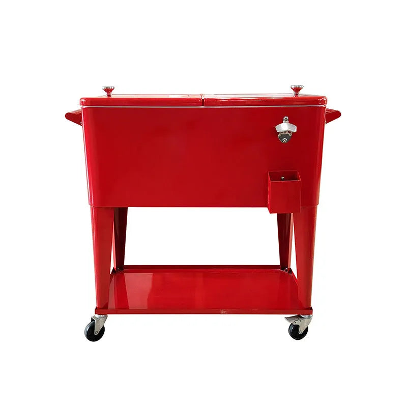 Red outdoor insulated picnic cart with metal frame and wheels for portable cooling