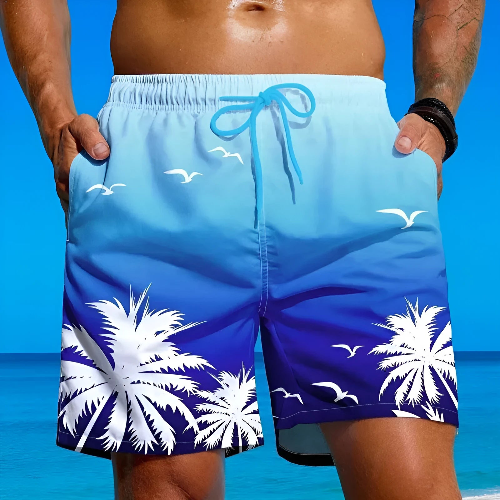 Men's ethnic style loose board swimming trunks in polyester, shown in colour J001.