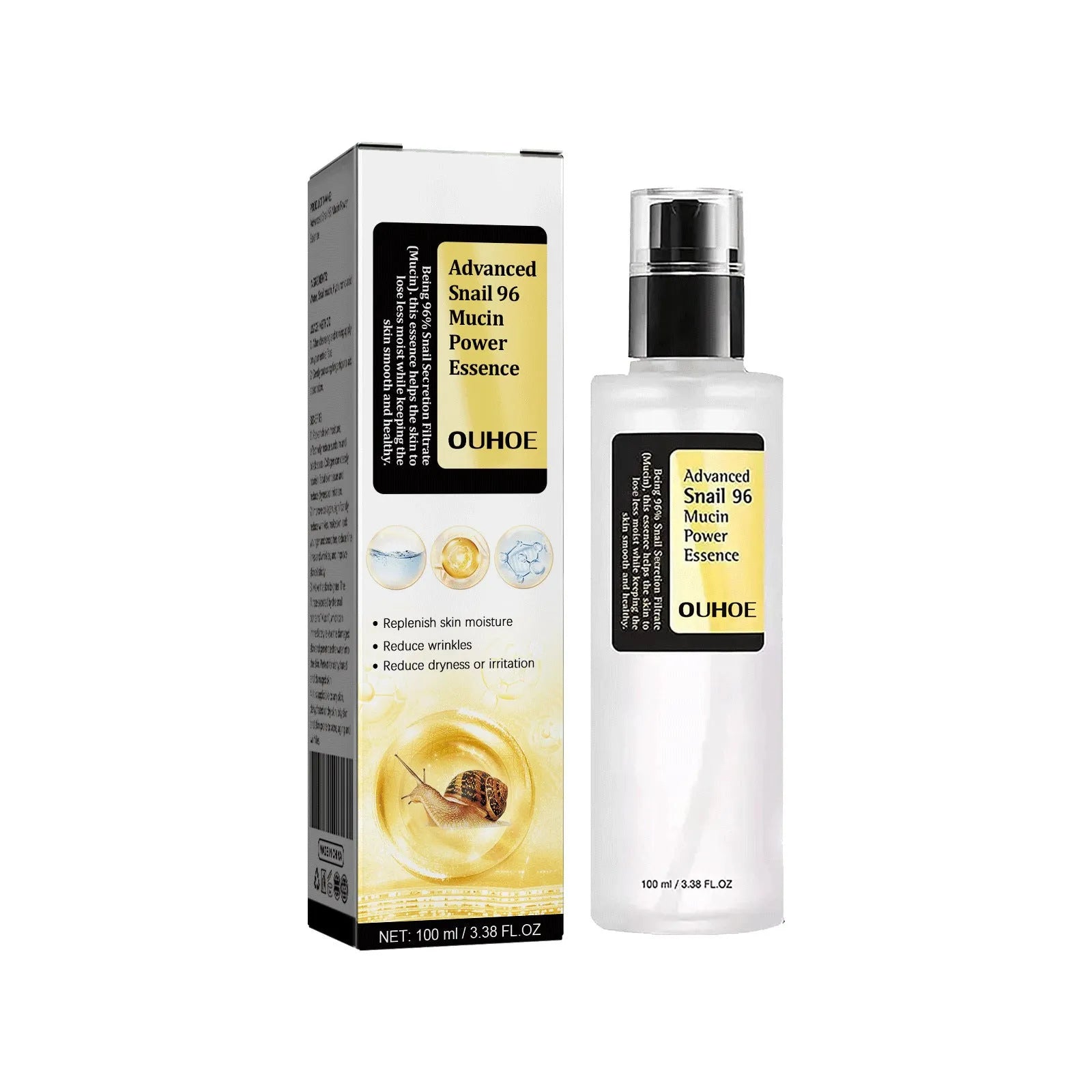 100ml snail collagen facial serum bottle with hydrating brightening nourishing firming softening skin effects