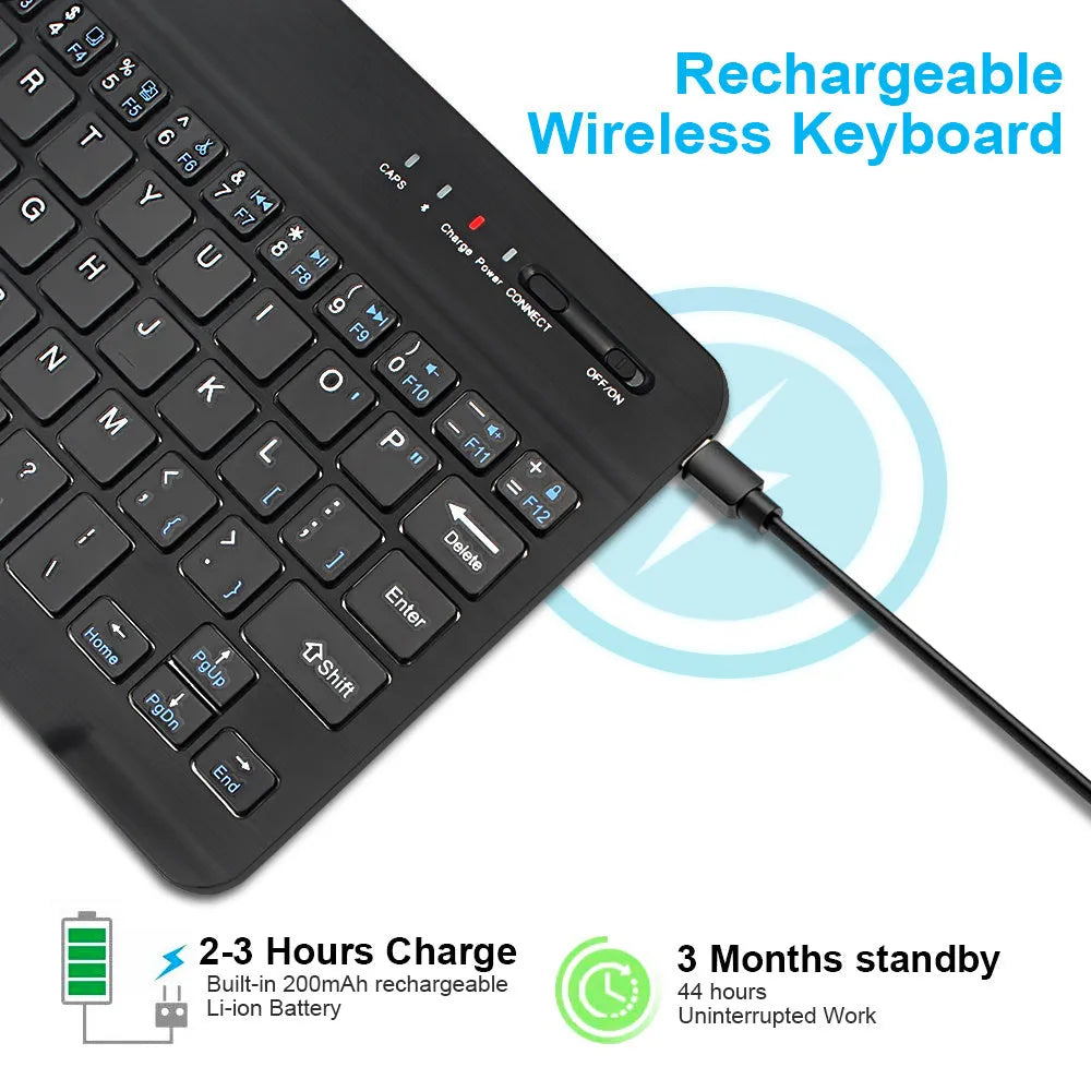 Mini Bluetooth wireless keyboard in black or white for tablets with 10m range and 44h battery life