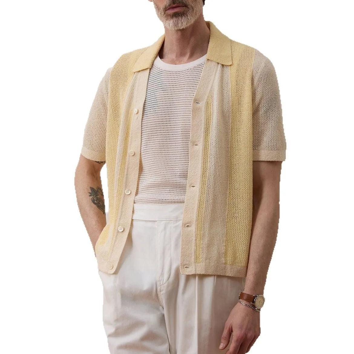 Yellow casual polo shirt with hollow-out pattern and asymmetric design, short sleeves