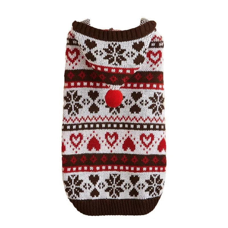 Acrylic knitted dog sweater with striped camouflage pattern and snowflake designs in pink, blue, or grey