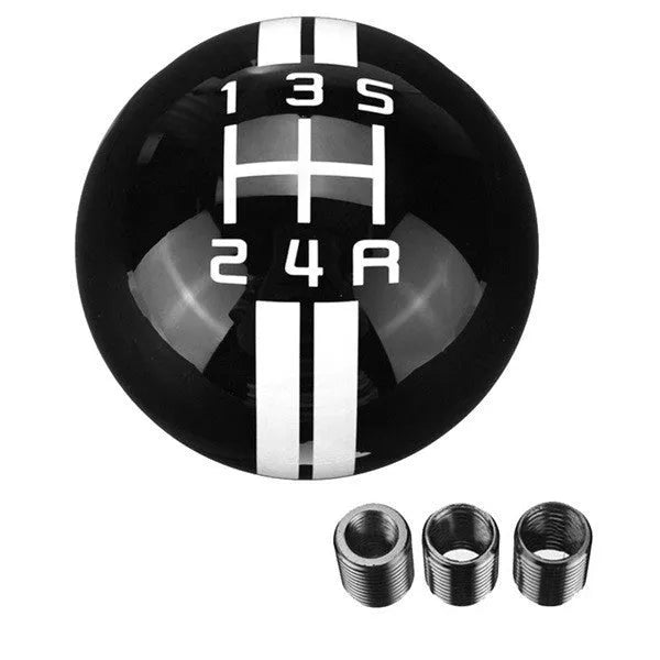 Black acrylic car gear head with five-speed wild horse graphic, shown with three screw accessories for installation.