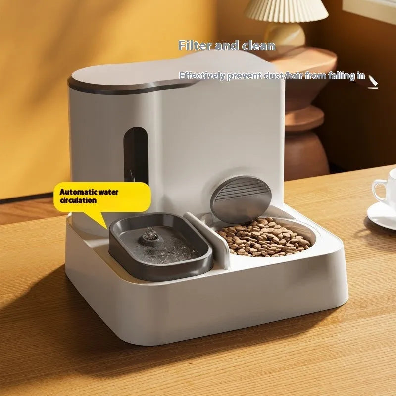 Grey automatic cat feeder and water dispenser unit with integrated double bowls