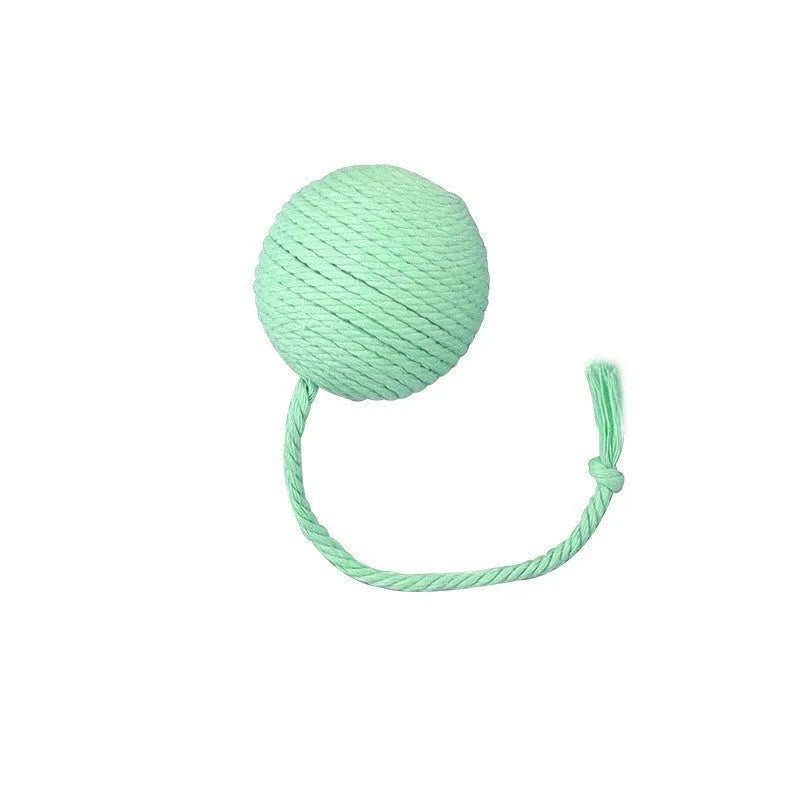 Cat toy ball with rope and bell in green, pink, purple, or yellow colour, small 3cm or medium 6cm size