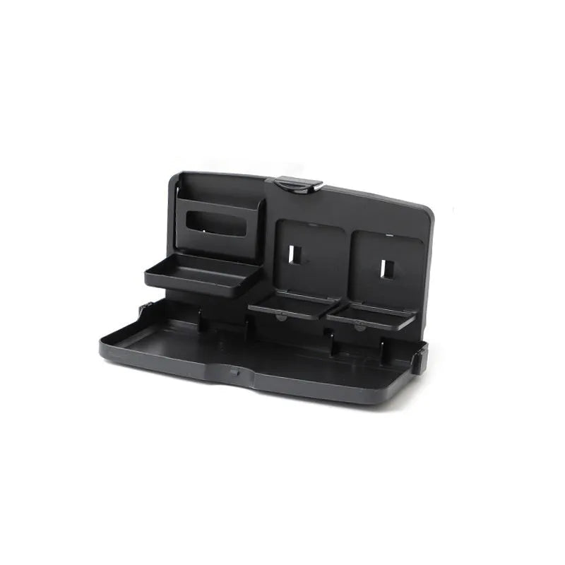 Foldable black ABS plastic car steering wheel tray with a large flat surface, shown unfolded on a steering wheel.