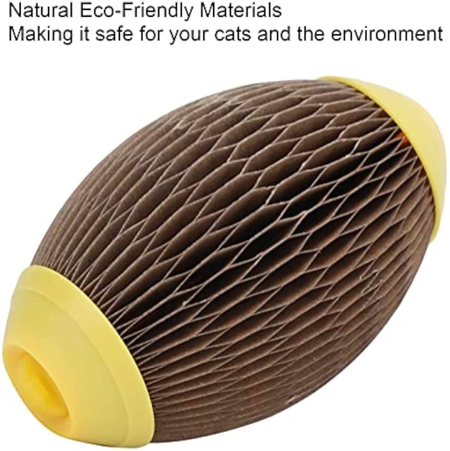 Ellipse-shaped catnip ball toy made from recycled corrugated paper with scratch surface