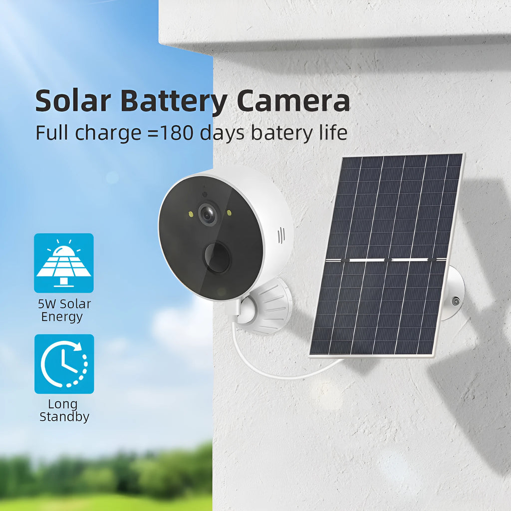Solar-powered outdoor security camera with separate solar panel for wireless monitoring