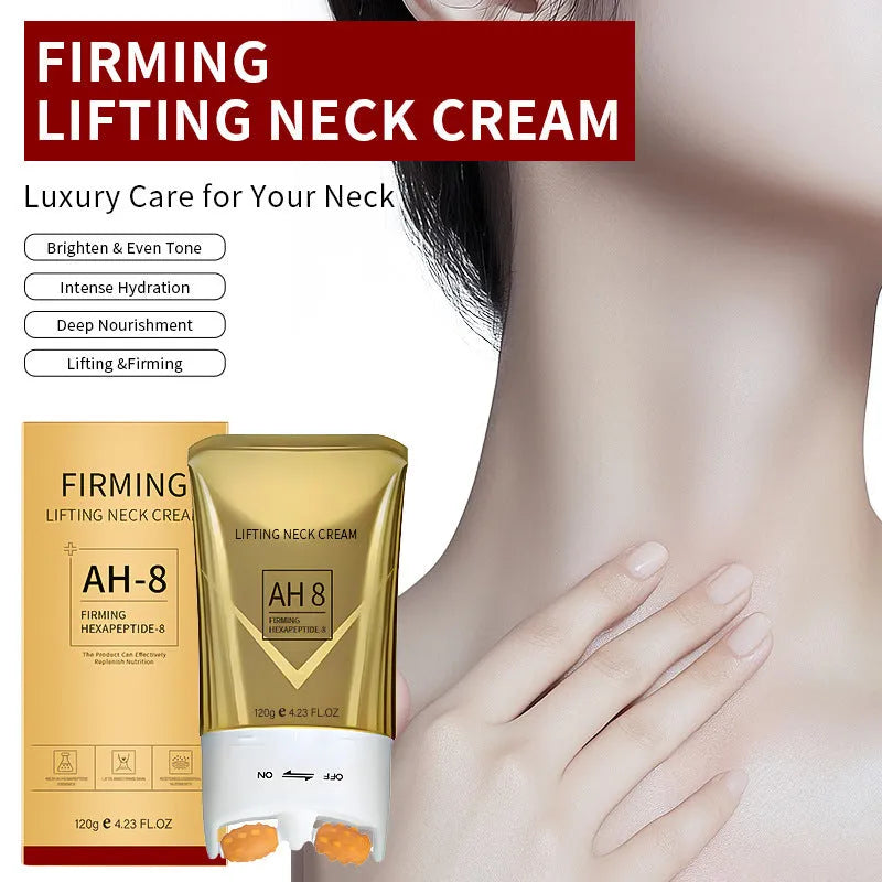 Jar of roller neck cream with built-in massage applicator, 120g net content.