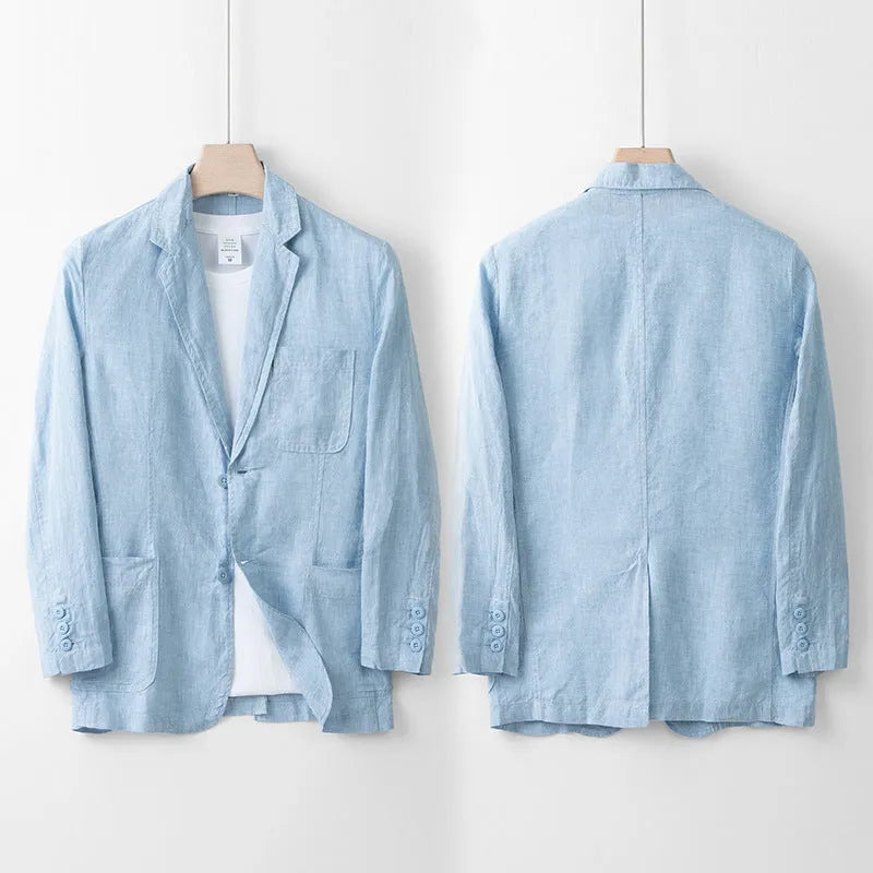 Men's solid colour linen casual blazer jacket shown in a loose fit style.