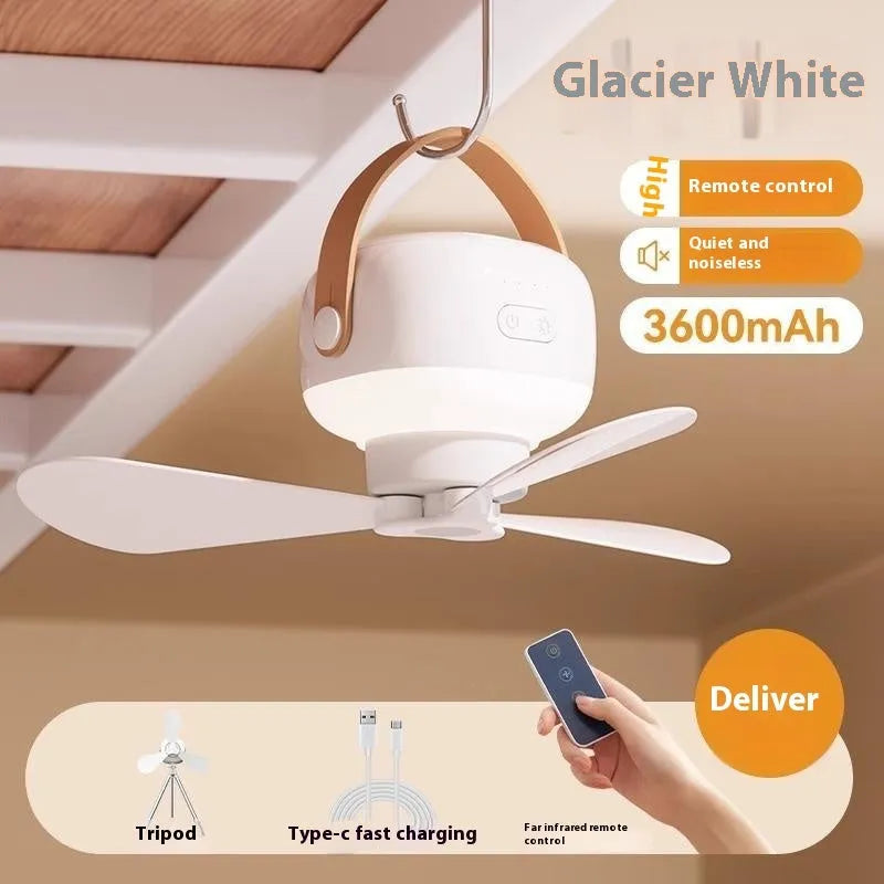 Rechargeable portable ceiling fan with remote control and wire bracket for camping tents