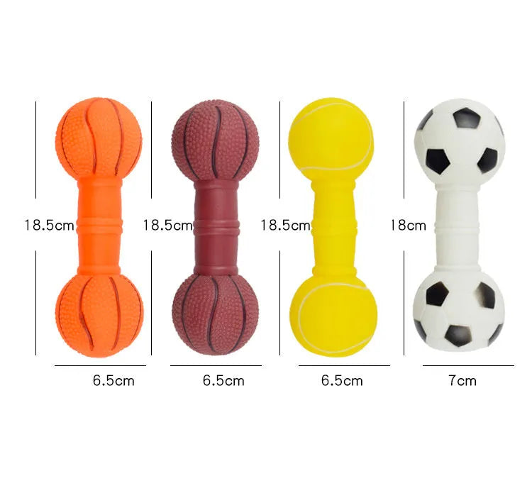 Brown orange white yellow PVC football dumbbell shaped squeaky dog chew toy on a plain background.