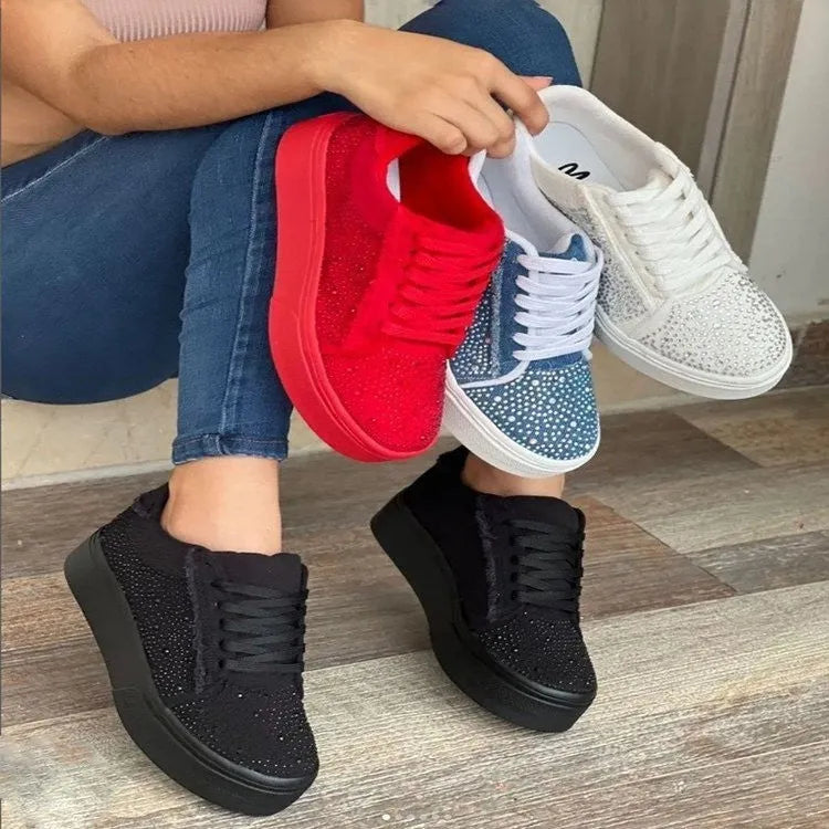 Plus size women's black casual shoes with rhinestone decoration, chunky rubber sole, and front lace-up