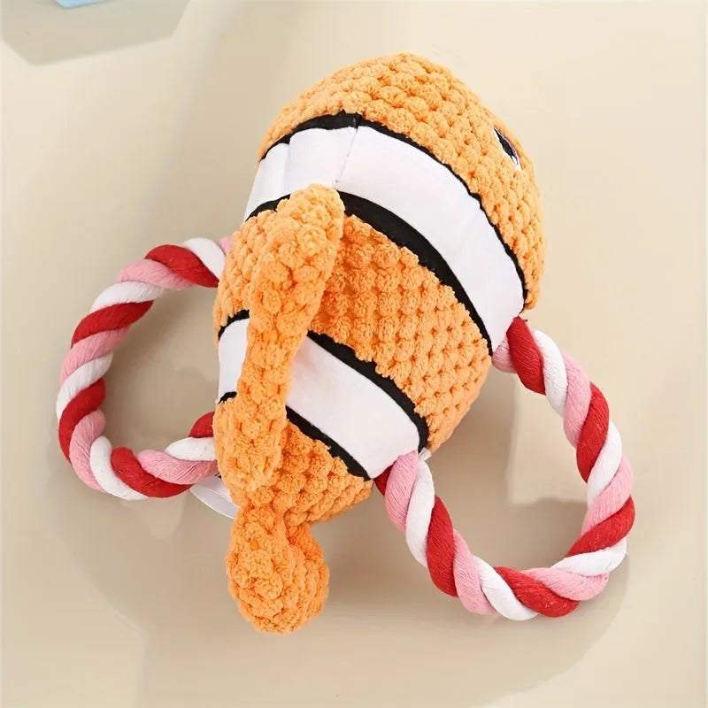 Turtle shaped dog chewing toy with knotted rope centre in grey green or orange colours