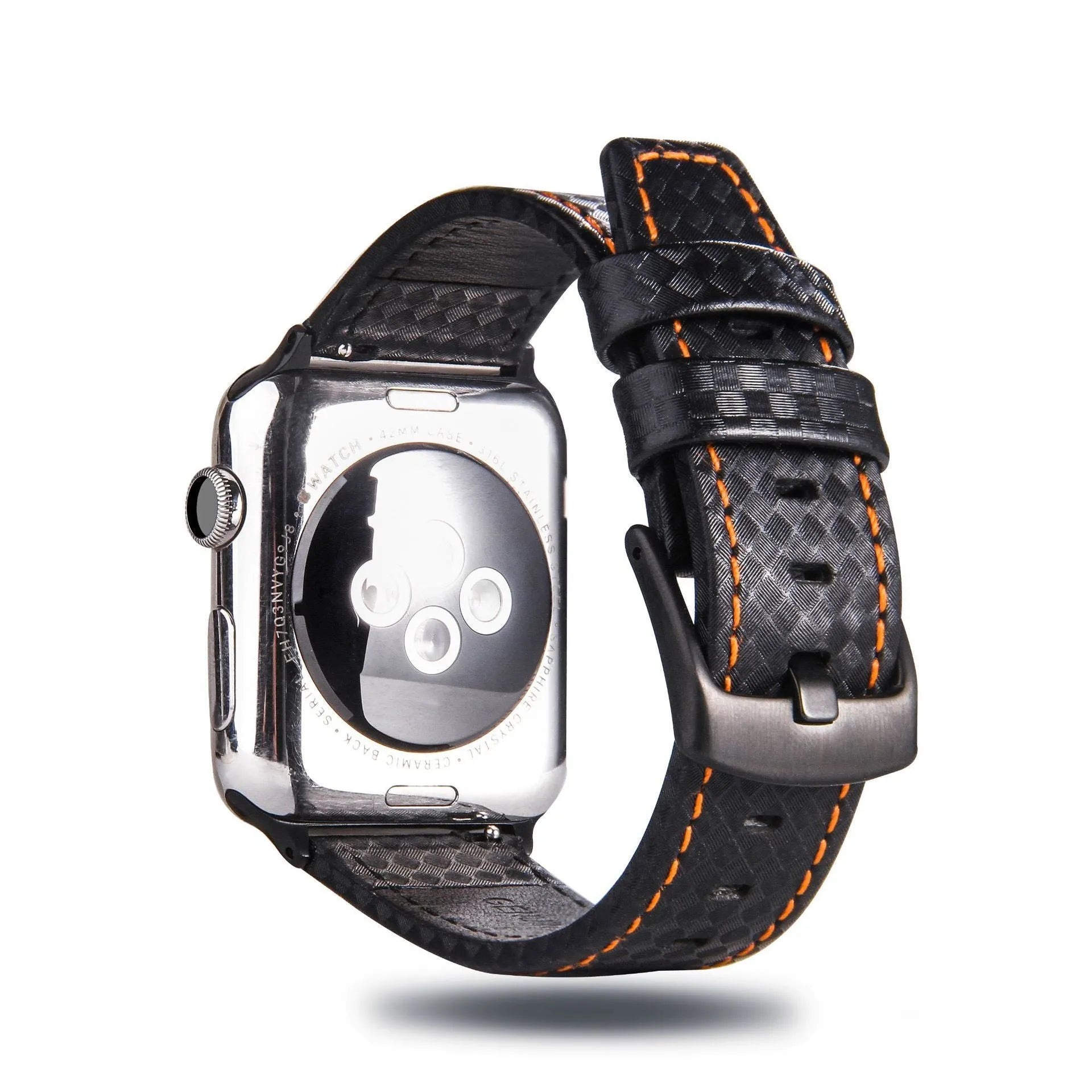 Carbon fibre pattern leather Apple Watch strap case in black, blue, orange, and red colour options.