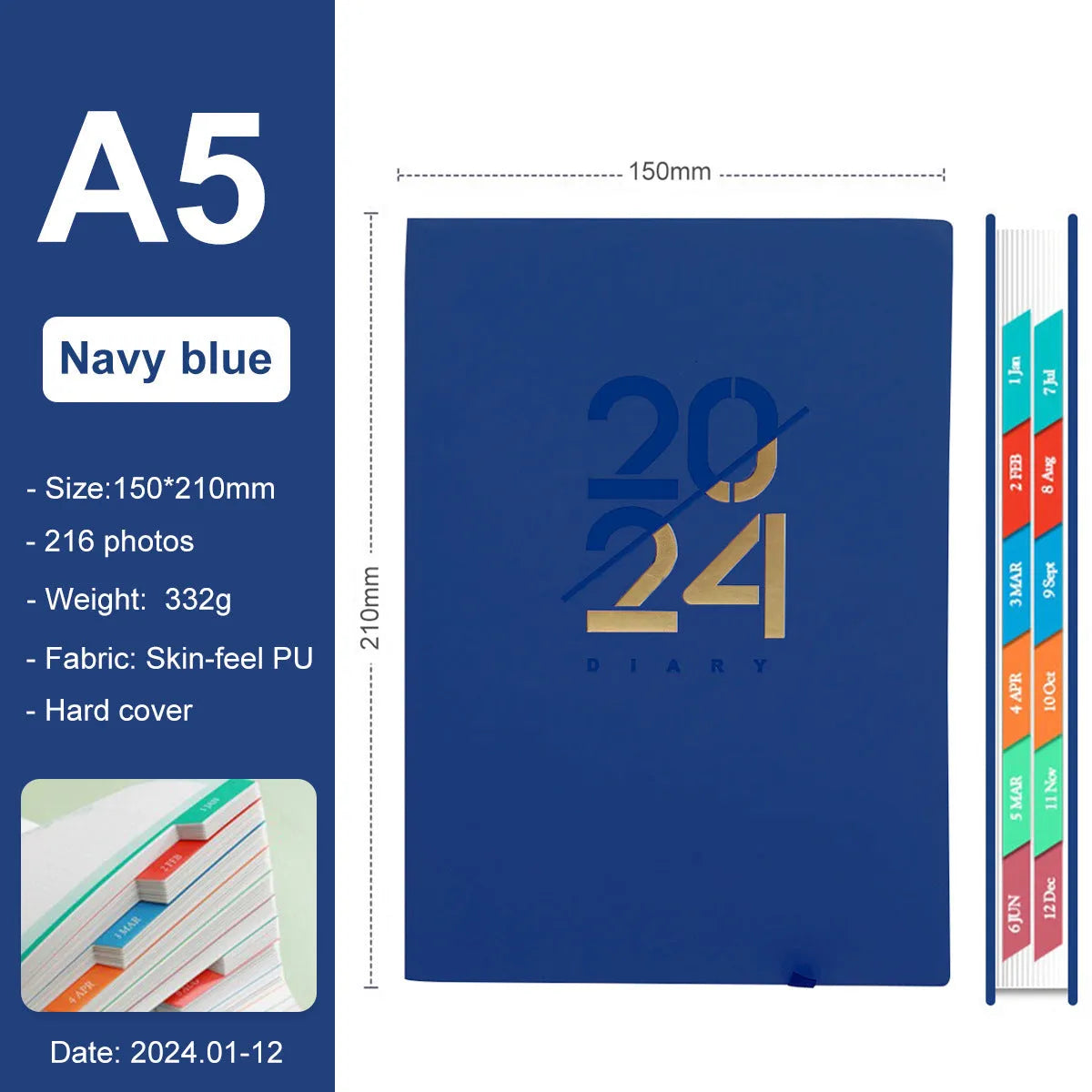 A5 2024 schedule book weekly monthly plan notebook paper cover 21cm by 15cm black English version