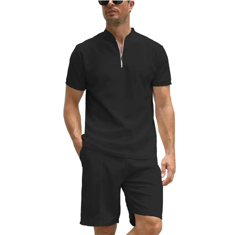 Men's solid colour polo shirt and shorts two-piece set in textured polyester fabric