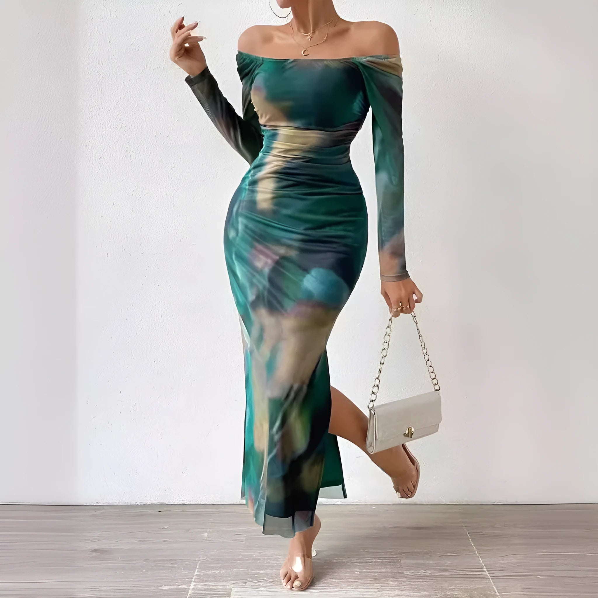 Women's pleated mesh fishtail dress with gradient colour print and a square collar.
