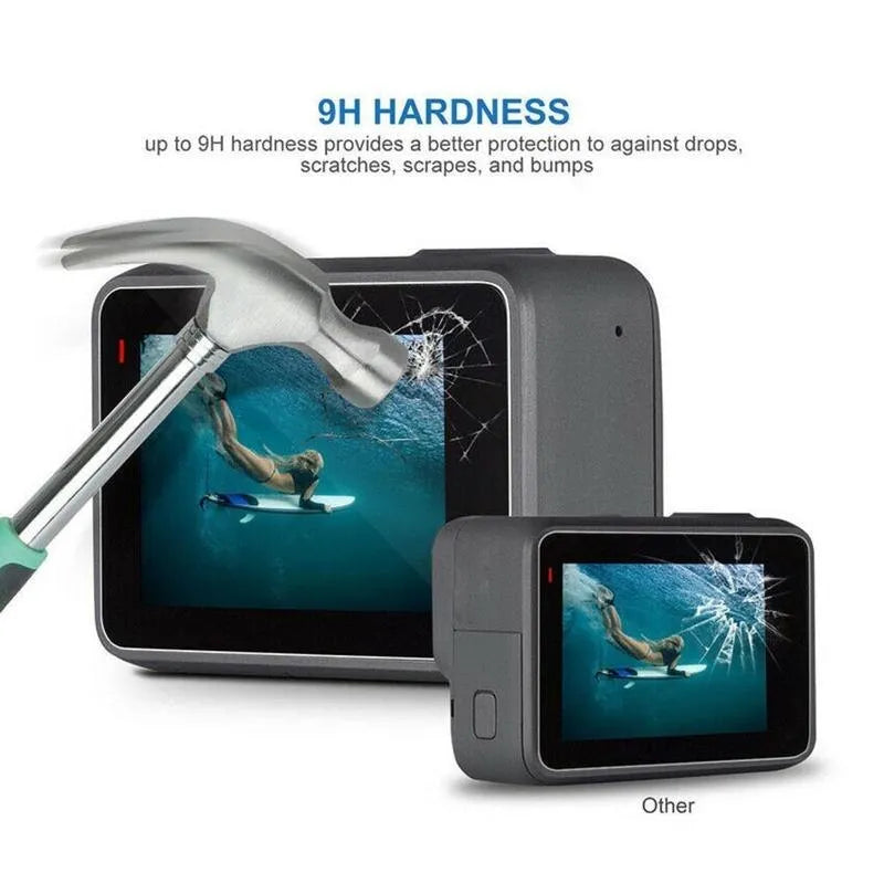 GoPro Hero camera with transparent tempered glass lens and LCD screen protectors applied.